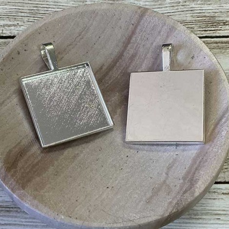 25mm Silver Plated Square Pendant Bezels - Pack of 2