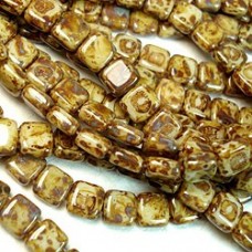 6mm Czechmates Two Hole Tile Beads - Opaque Light Beige Picasso - Pack of 20