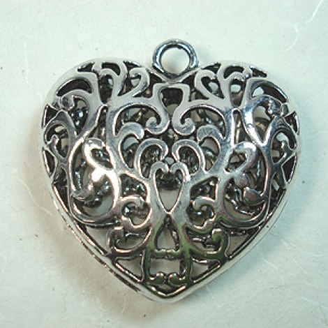 50mm Ant Silver Tibetan Silver Filigree Heart Pendant - Each