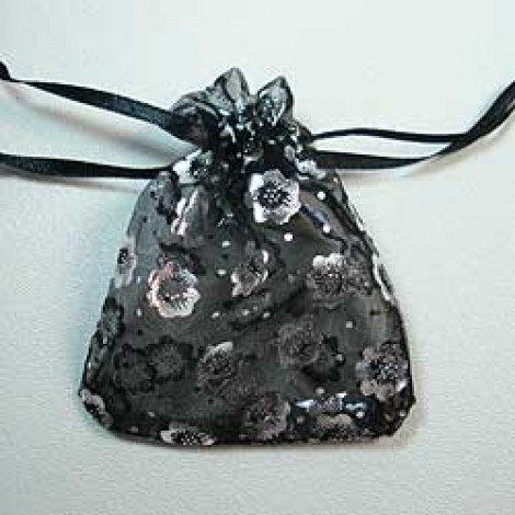 70x90mm Black/Silver Flower Organza Pouches - Pack of 11
