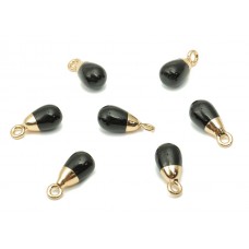 13.6x6.41x6mm Black Agate Stone Mini Round Gemstone Charms - Gold Tone Plated Brass - Per Pair