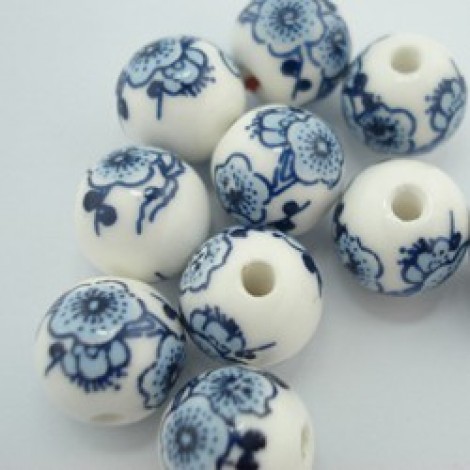 12mm White & Blue Round Porcelain Flower Beads