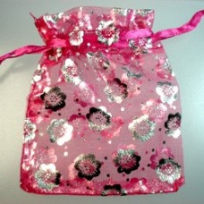 70x90mm Bright Pink with Silver Flowers Organza Bags - Pack of 12