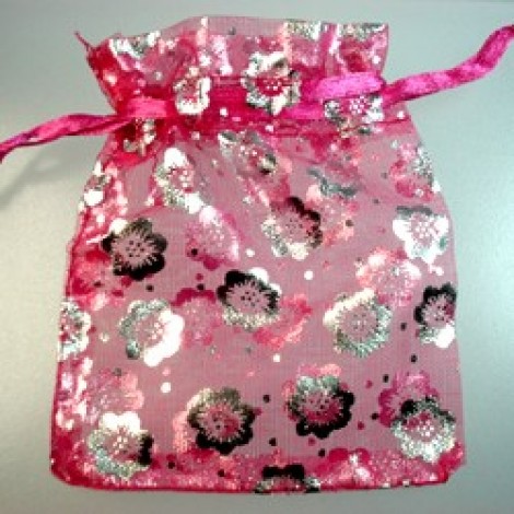 70x90mm Bright Pink with Silver Flowers Organza Bags