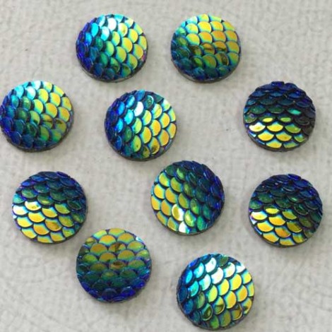 12mm Mermaid Fish Scale Cabochons - Iridescent Green/Gold/Blue