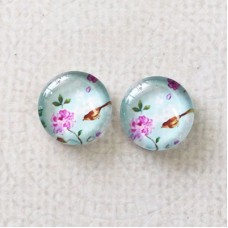 12mm Art Glass Backed Cabochons  - Light Blue & Pink Bird Flower - Per Pair