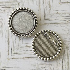 25mm ID Antique Silver Plated Round Beaded Pinback Bezel