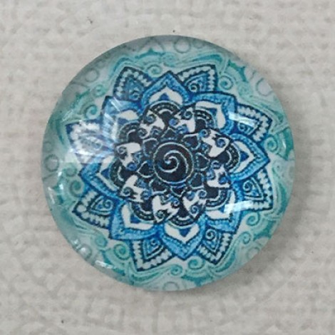 25mm Art Glass Backed Cabochons - Blue Mandala Design 13 - Each