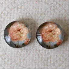 12mm Art Glass Backed Cabochons - Peach Flower on Bue