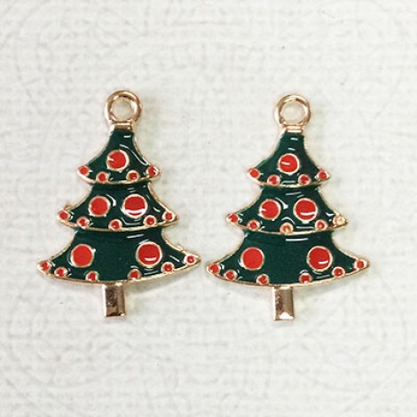 25mm Gold Plated Enamelled Christmas Charms - Xmas Tree with Red Balls