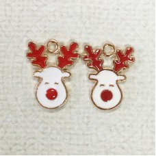 17mm Gold Plated Enamelled Christmas Charms - Gold & White Reindeer Red Nose