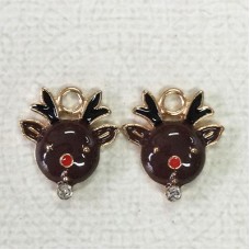 17mm Gold Plated Enamelled Christmas Charms - Baby Reindeer Face with Crystal - Per Pair