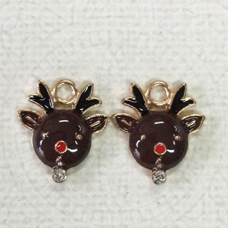 17mm Gold Plated Enamelled Christmas Charms - Baby Reindeer Face with Crystal