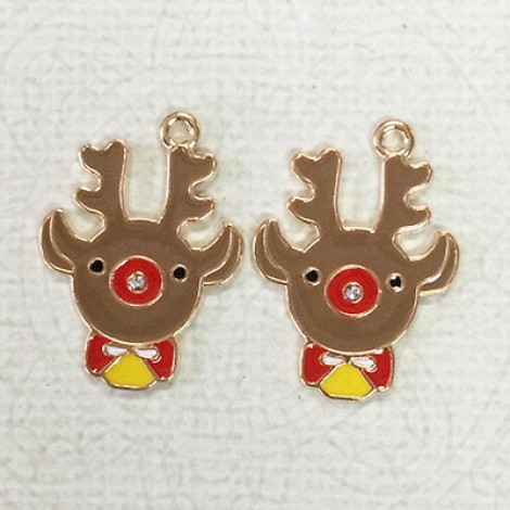 27mm Gold Plated Enamelled Christmas Charms - Gold Red Nosed Reindeer w-Crystal