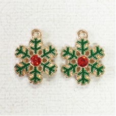 23mm Gold Plated Enamelled Christmas Charms - Snowflake with Red Crystal