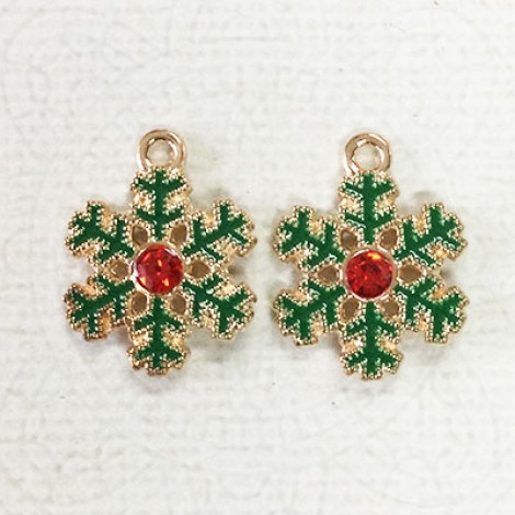 23mm Gold Plated Enamelled Christmas Charms - Snowflake with Red Crystal