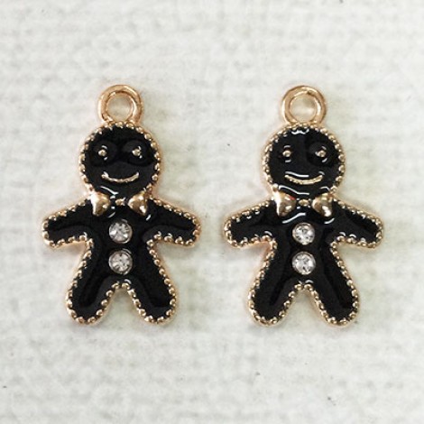 17mm Gold Plated Enamelled Christmas Charms - Black Gingerbread Man with Crystals