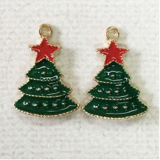 20mm Gold Plated Enamelled Christmas Charms - Green Xmas Tree