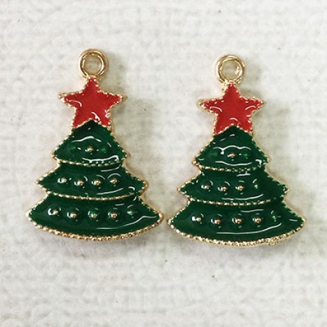 20mm Gold Plated Enamelled Christmas Charms - Green Xmas Tree