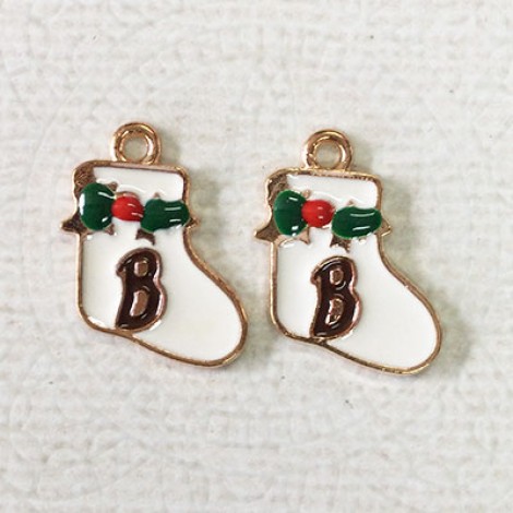 20mm Gold Plated Enamelled Christmas Charms - Christmas Stocking with B