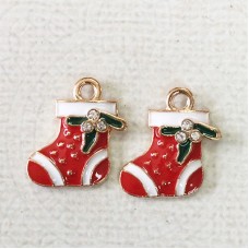 18mm Gold Plated Enamelled Christmas Charms - Red & White Stocking - Per Pair