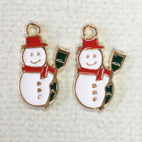 15mm Gold Plated Enamelled Christmas Charms - Tiny Snowman
