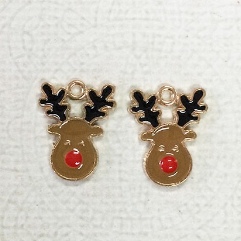 17mm Gold Plated Enamelled Christmas Charms - Gold & Brown Reindeer Red Nose