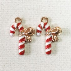 22mm Gold Plated Enamelled Christmas Charms - Candy Cane Red & White - Per Pair