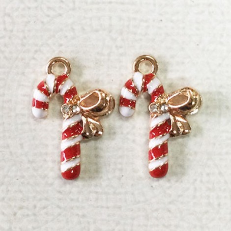 22mm Gold Plated Enamelled Christmas Charms - Candy Cane Red & White