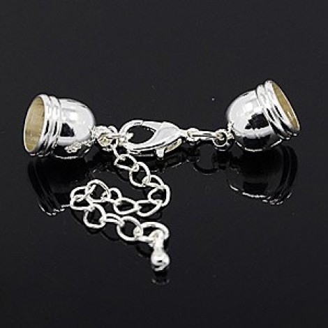 8mm ID Silver Plated Cord End Caps w-Clasp & Extension Chain