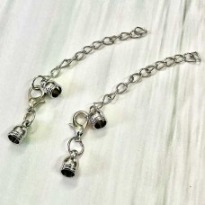 4mm ID Plat Silver Cord End Caps w/Extension Chain & Clasp - Pack of 2 sets