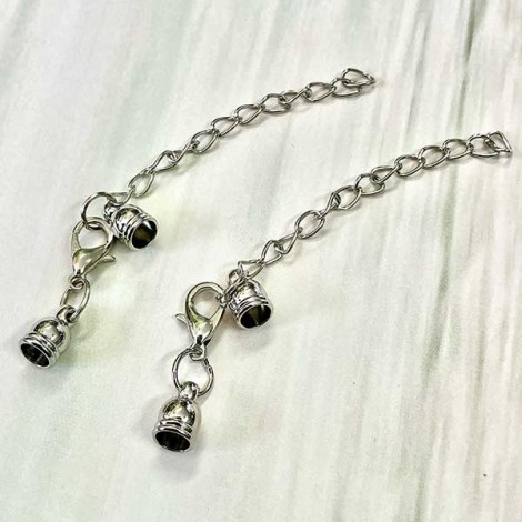 4mm ID Plat Silver Cord End Caps w/Extension Chain & Clasp - Pack of 2 sets 4mm ID Plat Silver Cord End Caps w/Extension Chain & Clasp - Pack of 2 sets