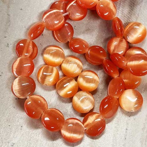 8mm Round Disk Cats Eye Beads - Orange - Strand