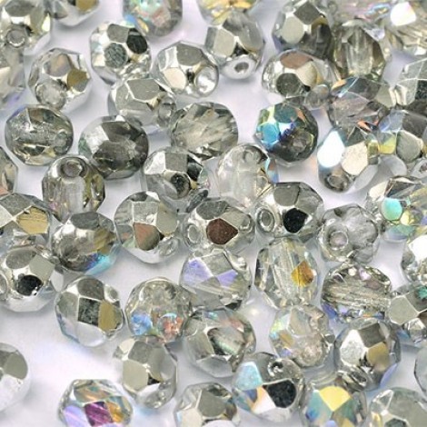 4mm Czech Firepolish Beads - Crystal Silver Rainbow