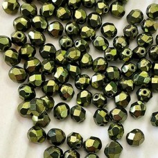 6mm Czech Fire Polish Glass Beads - Metallic Green - Pack of 20