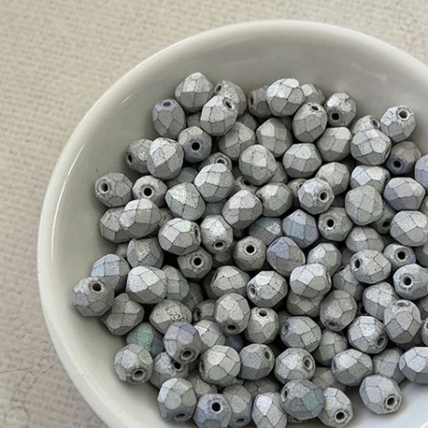 6mm Czech Firepolish Beads - Glittery Matte Silver - Pack of 20