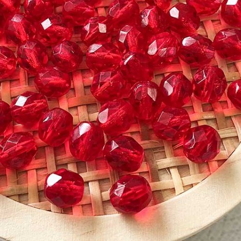 8mm Siam Ruby Czech Fire Polished Round Beads - Pack of 20