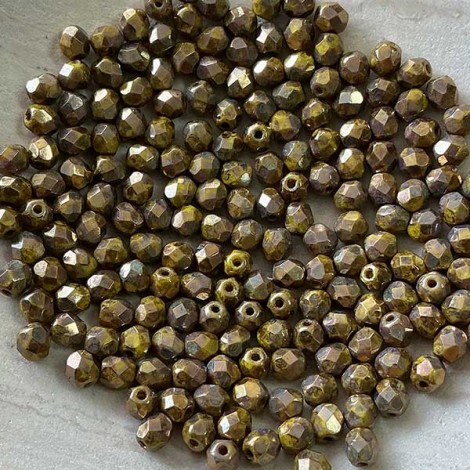 4mm Czech Firepolish Beads - Opaque Yellow Bronze Picasso- Pack of 50