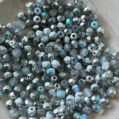 4mm Czech Firepolish Beads - Etched Silver Rainbow - Pack of 50