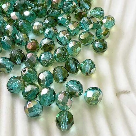 8mm Czech Firepolish Round Beads - Aquamarine Celsian  - Pack of 20