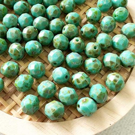 8mm Czech Fire Polished Beads - Turquoise-Picasso - Pack of 20