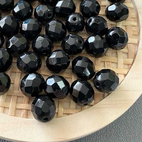 9mm Jet Czech Fire Polished Round Beads - Per Pack of 20