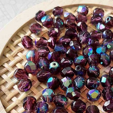 6mm Dk Amethyst AB Fire-Polished Beads - Pack of 20