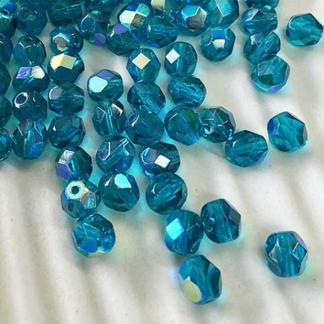 6mm Teal AB Czech Fire Polished Beads - Pack of 20