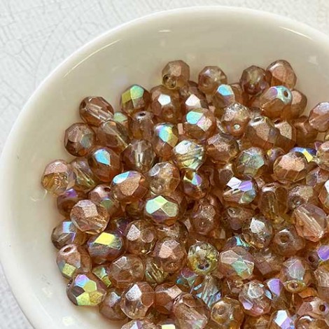 6mm Czech Firepolish Beads - Tan Peach AB - Pack of 20