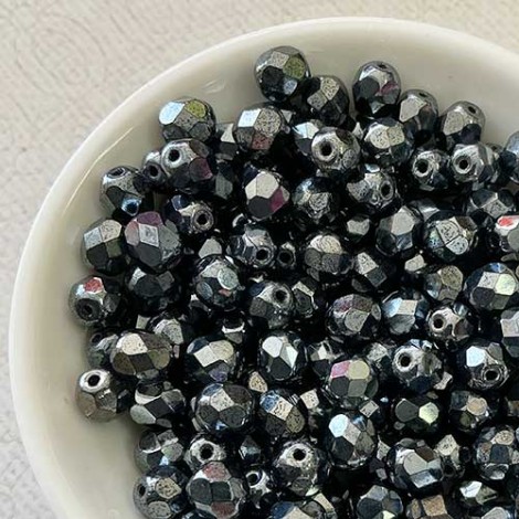 6mm Czech Glass Firepolish Glass Beads - Hematite - Pack of 20