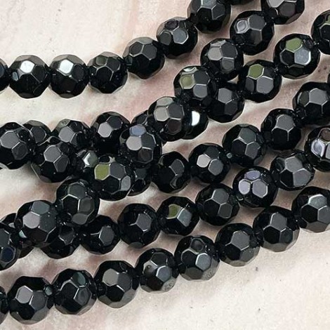 6mm Jet Faceted Round Glass Beads - Strand