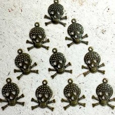 15mm Tiny Antique Brass Pressed Skull & Cross Bones Charms - Pack of 10