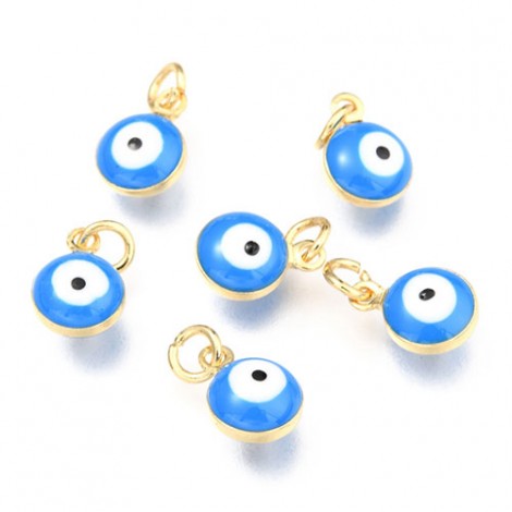 9.5x6.5x4.5mm 18K Gold Plated Brass Enamel Turquoise Blue Evil Eye Charms with 4mm Jumpring - Pack of 2