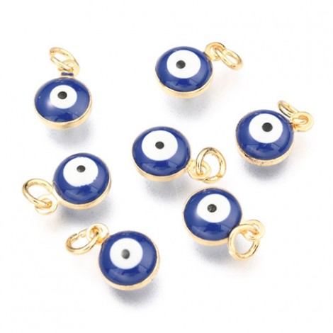 9.5x6.5x4.5mm 18K Gold Plated Brass Enamel Slate Blue Evil Eye Charms with 4mm Jumpring - Pack of 2